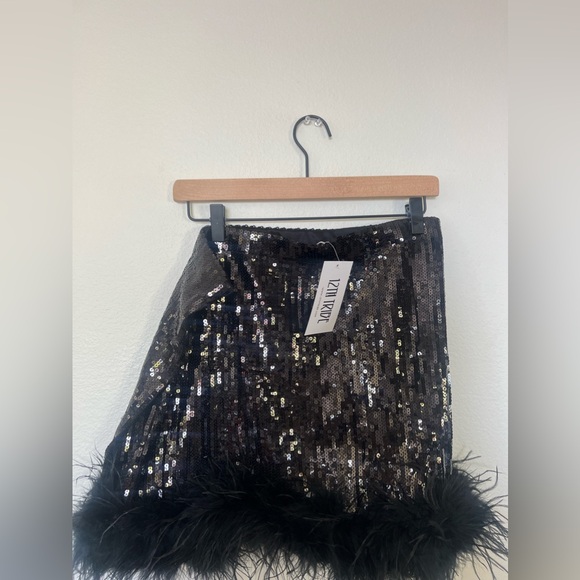 12th Tribe Black Sequin Mini Skirt with Feather Trim - Picture 2 of 3